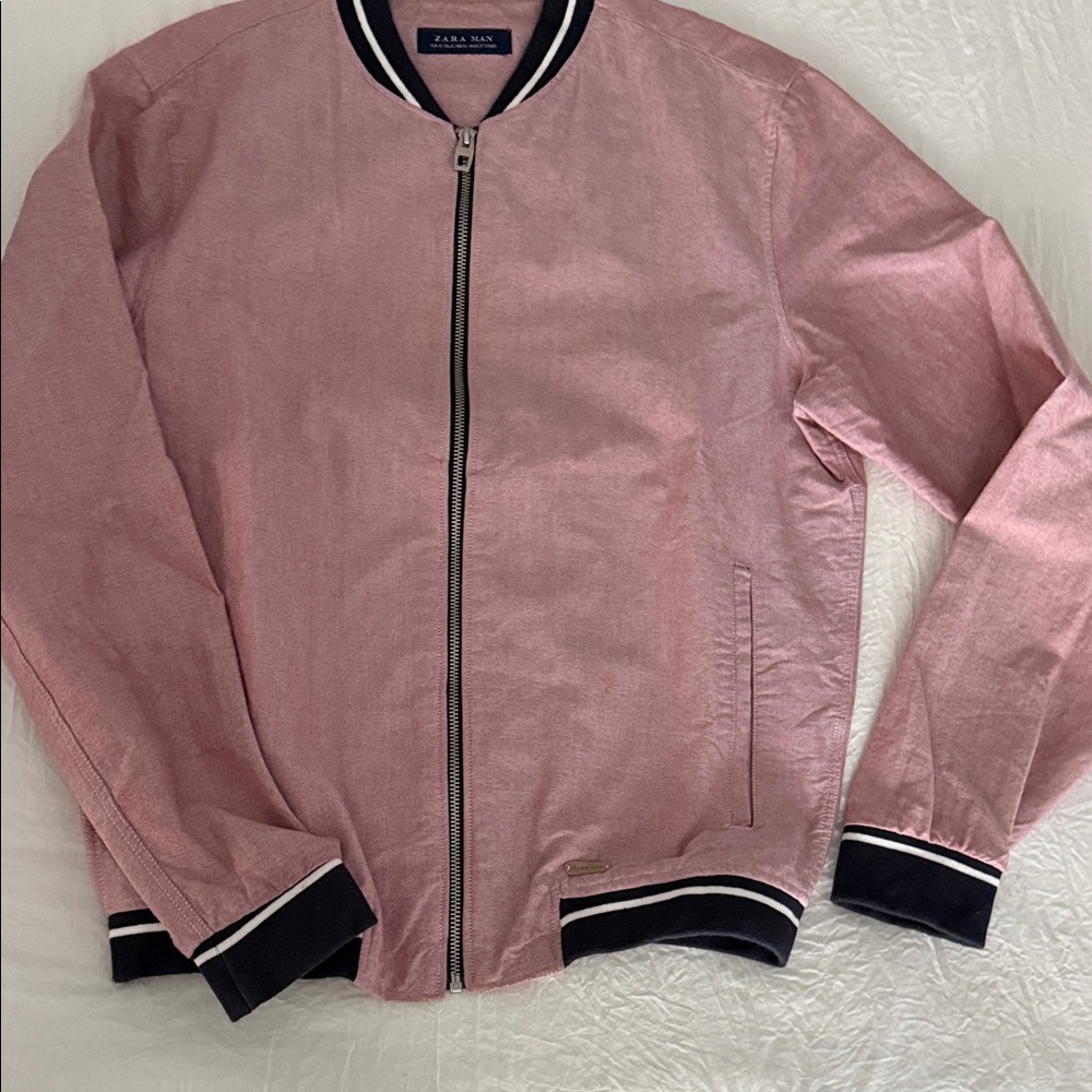 Men's Zara Light Pink Bomber Jacket with Black Trim